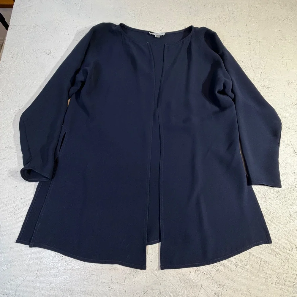 Vintage Zoran Silk Cardigan One Size Navy Open Front Side Slits READ